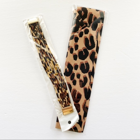 4pc Leopard Print Bracelet + Twilly Scarf Set - Picture 12 of 14